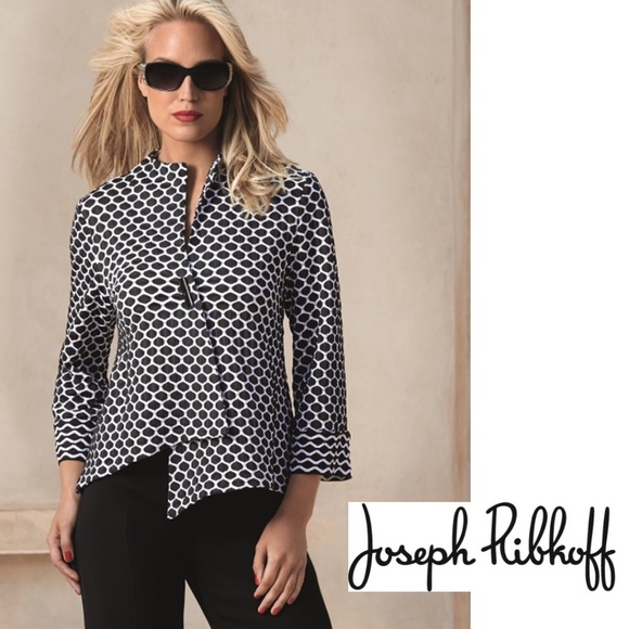 Joseph Ribkoff Asymmetrical One Button Wrap Front Jacket Black/White PrintSize 4 - Picture 1 of 15